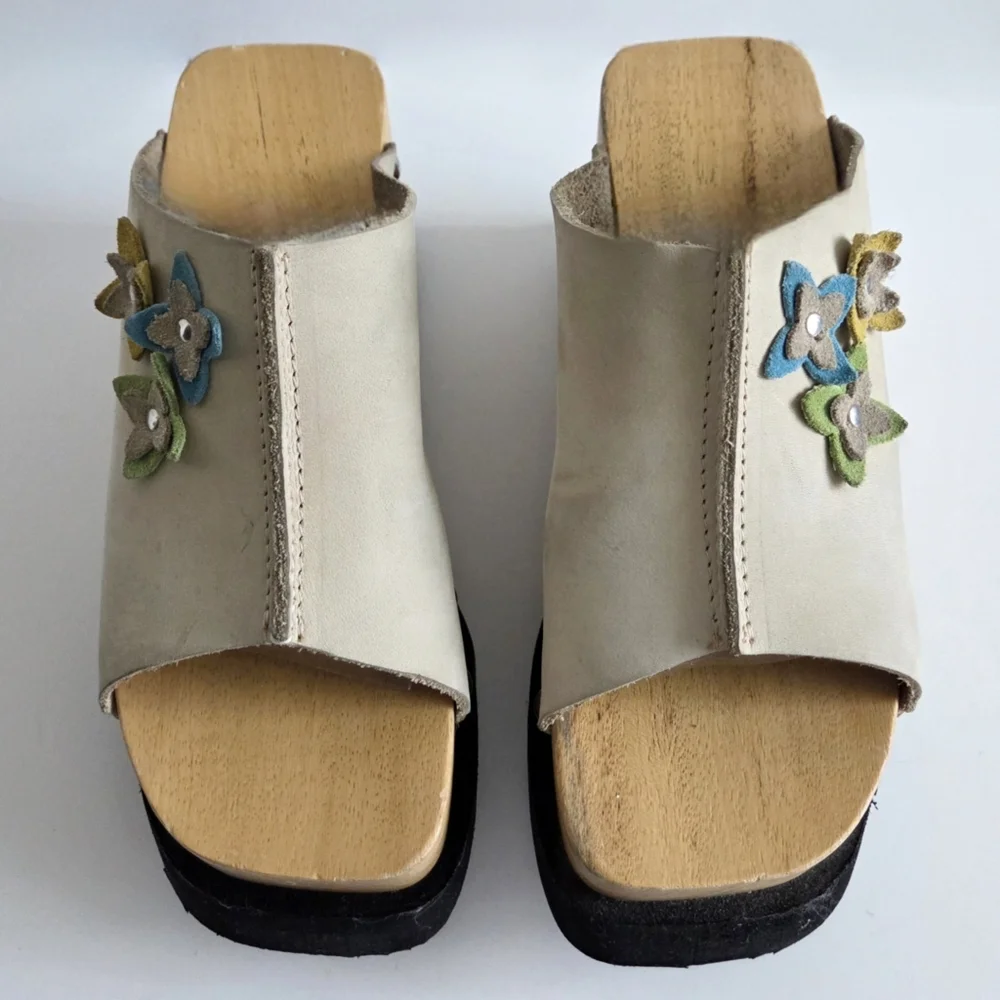 Thick Wood Platforms With Flower, Soft Floppy Leather Uppers & Silver Studs 7.5